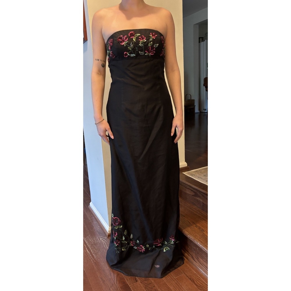 VTG NICOLE MILLER Black‎ Strapless Maxi Dress Beaded Sequin Floral 6 Prom 90's